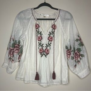 ANTHRO CHELSEA & THEODORE Boho Cross Stitch Floral Embroidered Peasant Blouse